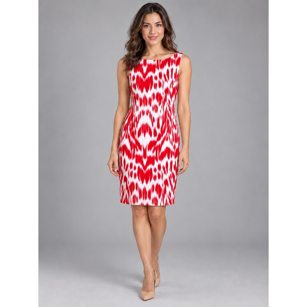 Jones New York Red White Sheath Midi Dress Classic Workwear - Size 16